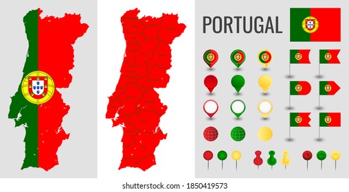 Portugal vector map with flag, globe and icons on white background