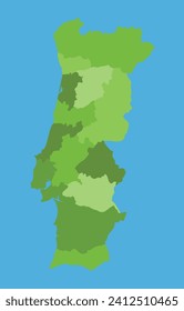 Portugal vector map in greenscale with regions