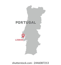 Portugal vector map illustration, country map silhouette with mark the capital city of Portugal inside. Map of Portugal vector drawing. Filled version illustration isolated on white background.