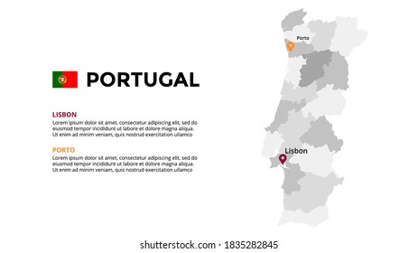 Portugal vector map infographic template. Slide presentation. Lisbon, Porto. Global business marketing concept. Color Europe country. World transportation geography data. 