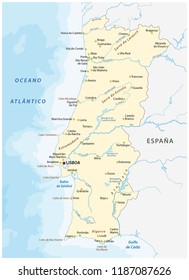 Portugal vector map with major cities and rivers.
