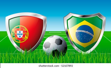 Portugal versus Brazil abstract vector illustration isolated on white background. Shiny football shield of flag Portugal versus Brazil