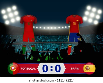 Portugal versus Spain football match result. Concept design for template of 3D soccer uniform with scoreboard and background of crowd fans cheer team at soccer stadium in vector illustration