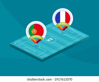 Portugal vs France euro 2020 match. Football 2020 championship match versus teams intro sport background, championship competition final poster, flat style vector illustration.