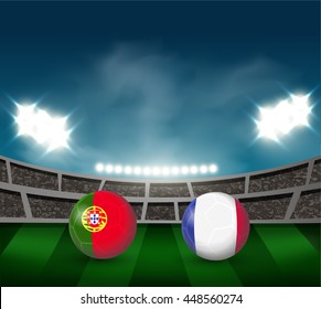 Portugal vs France soccer ball in flag design on stadium background for football tournament , this image for match template or banner in vector format