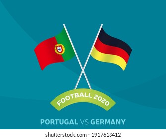 Portugal vs Germany euro 2020 match. Football 2020 championship match versus teams intro sport background, championship competition final poster, flat style vector illustration.