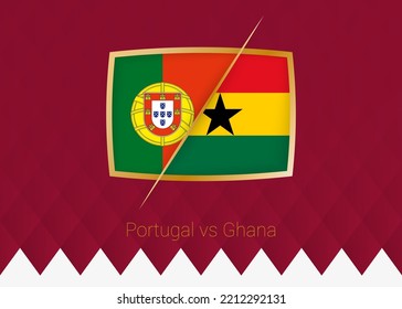 Portugal vs Ghana, group stage icon of football competition on burgundy background. Vector icon.