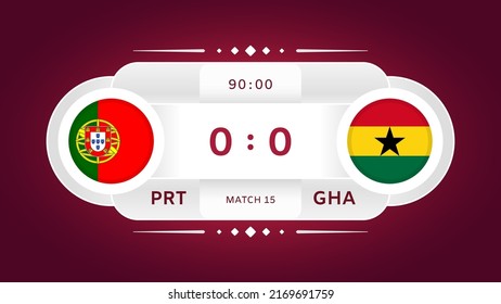 Portugal Vs Ghana Match. Football 2022. World Football Championship Competition Infographic. Group Stage. Group H. Poster, Announcement, Game Score. Scoreboard Template. Vector Illustration