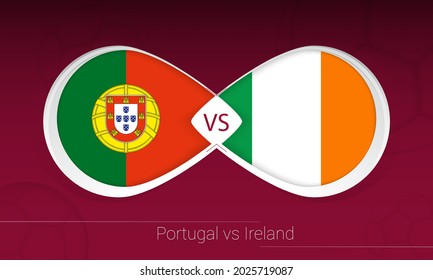 Portugal gegen Irland beim Fußballwettbewerb, Gruppe A. Versus Symbol auf Fußball-Hintergrund. Vektorgrafik.