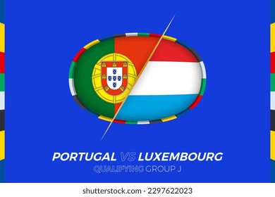 Portugal vs Luxembourg icon for European football tournament qualification, group J. Competition icon on the stylized background.