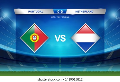Portugal vs Netherlands scoreboard broadcast template for sport soccer 2018-2019 and football nations league or tournament championship round finals vector illustration