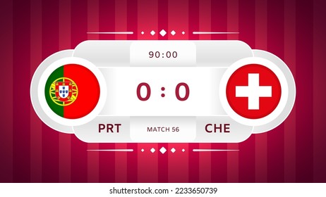 Portugal vs Switzerland Match Design Element. Flag icons isolated on stylized red striped background. Football Championship Competition Infographic. Announcement, Game Scoreboard Template. Vector