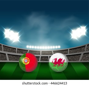 Portugal vs Wales soccer ball in flag design on stadium background. Design concept  for football match template or banner in vector format