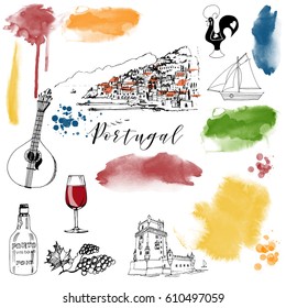 Portugal. Watercolor vector set for own poster design.