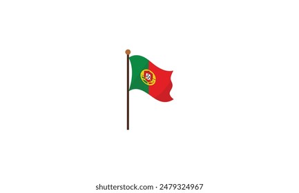 Portugal wavy flag with pole on white background. 