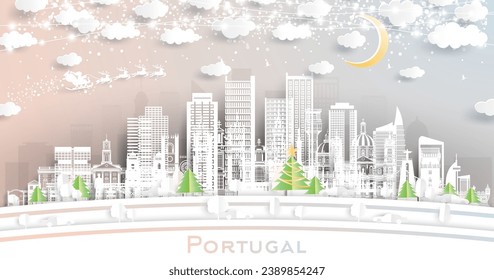 Portugal. Winter city skyline in paper cut style with snowflakes, moon and neon garland. Christmas and new year concept. Santa Claus on sleigh. Portugal cityscape with landmarks.