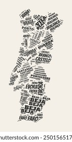 Portugal Word Cloud. Country with regions division. Portugal typographic text clouds vector image design. Vintage gazette style country shape image. Vibrant vector illustration.