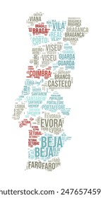 Portugal Word Cloud. Country shape with region division. Portugal typography style image. Region names tag clouds. Vector illustration.