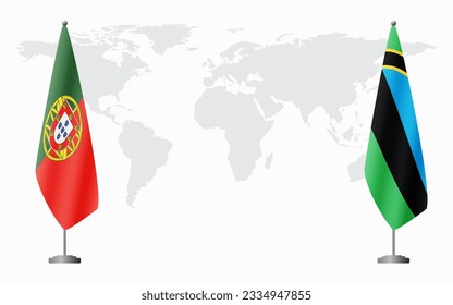 Portugal and Zanzibar flags for official meeting against background of world map.