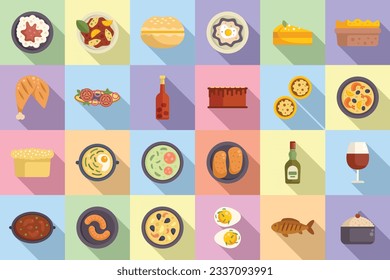 Portugese cuisine icons set flat vector. Bowl cooking. Cafe cuisine