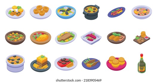 Portugese cuisine icons set isometric vector. Bowl cooking. Dish bread