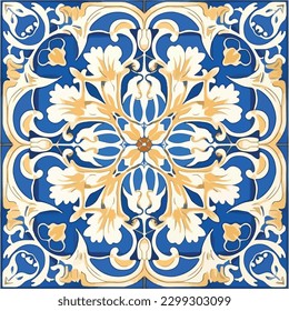 Portugese ornamental seamless abstract pattern from tiles. Azulejos tiles patchwork. Portuguese and Spain decor. Talavera ornamental pattern. Mediterranean porcelain pottery.