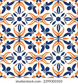 Portugese ornamental seamless abstract pattern from tiles. Azulejos tiles patchwork. Portuguese and Spain decor. Talavera ornamental pattern. Mediterranean porcelain pottery.