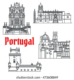 Visitas portuguesas icono con la Iglesia de Clerigos, Torre de San Vicente o Belén, Palacio de Pena y Monasterio Hieronymitas. Turismo cultural o diseño de viajes. Estilo de línea delgada