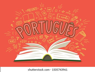 Portugues. Presente, o verbo, oi!, mas, eu, O que?, um, uns, uma, umas. Translate:" Portuguese. Present, the verb, hi !, but, I, What ?, one". Open book with language hand drawn doodles. 