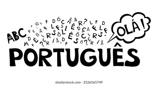 Portugués. Traducir: "Portugués, hola" Ilustración para libro, diccionario, vocabulario, hablar, leer, escribir, escuchar habilidades. Video Curso, educación a distancia, seminario de Web, clase de Internet.