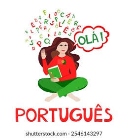 Portugués. Traducir: "Portugués, hola" Ilustración para libro, diccionario, vocabulario, hablar, leer, escribir, escuchar habilidades.  Joven estudiante aprendiendo portugués. Vector de Educación