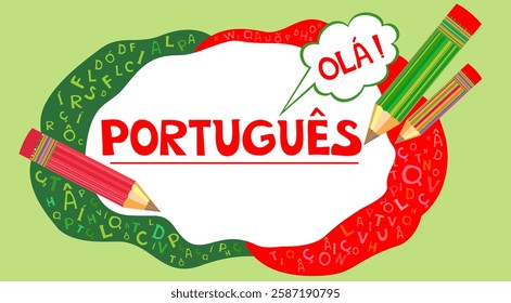 Portugues. Translate:" Portuguese,  hello"  Illustration for book, dictionary, vocabulary, speaking, reading, writing, listening skills. Video course, distance education. personal teacher service. 