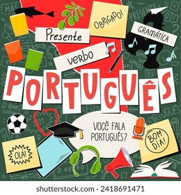 Portugues. Traducción:" Portugués. Presente, verbo, hola, gracias, ¿Hablas portugués, buenas tardes? gramática, pero yo, ¿qué?, uno". 