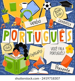 Portugues. Traducción:" Portugués. Presente, verbo, hola, gracias, ¿Hablas portugués, buenas tardes? gramática, pero yo, ¿qué?, uno". 