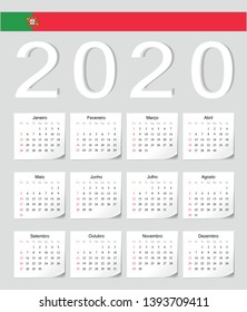 Portuguese 2020 vector calendar with shadow angles. Week starts from Sunday.