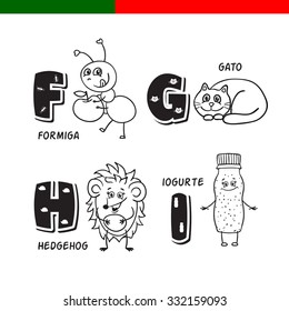 Portuguese alphabet. Ant, cat, hedgehog, yogurt. The letters and characters.