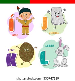 Portuguese alphabet. Newspaper, kiwi, rabbit, Indian. The letters and characters.