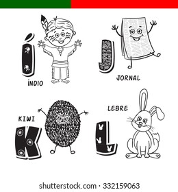Portuguese alphabet. Newspaper, kiwi, rabbit, Indian. The letters and characters.