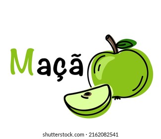 Portuguese alphabet with a picture of an apple. Translation from Portuguese: apple. Vector doodle hand drawn illustration