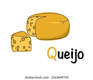 Portuguese alphabet with a picture of a cheese head and a slice. Translation from Portuguese: cheese. Vector doodle hand drawn illustration