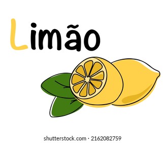 Portuguese alphabet with a picture of a lemon. Translation from Portuguese: lemon. Vector doodle hand drawn illustration