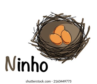 Portuguese alphabet with a picture of a nest with eggs. Translation from Portuguese: nest. Vector doodle hand drawn illustration