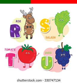 Portuguese alphabet. Roe, lettuce, tomato, grapes. The letters and characters.
