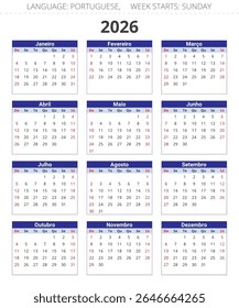 Calendário anual PORTUGUÊS para 2026 ano. Ilustração vetorial em para Portugal. A semana começa no domingo