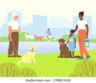 Portuguese aquatic dog with African American mom and daughter. Old man and a guide dog. Illustration of a park or playground with a pond for walking dogs
  Flat vector illustration.