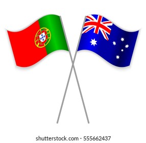 Portuguese and Australian crossed flags. Portugal combined with Australia isolated on white. Language learning, international business or travel concept.