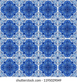 Portuguese azulejo ceramic tile pattern. Ethnic folk ornament. Mediterranean traditional ornament. Italian pottery, mexican talavera or spanish majolica.