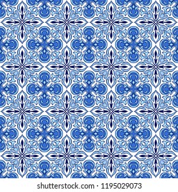 Portuguese azulejo ceramic tile pattern. Ethnic folk ornament. Mediterranean traditional ornament. Italian pottery, mexican talavera or spanish majolica.