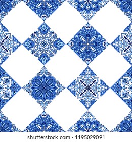 Portuguese azulejo ceramic tile pattern. Ethnic folk ornament. Mediterranean traditional ornament. Italian pottery, mexican talavera or spanish majolica.