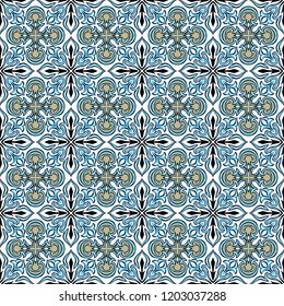 Portuguese azulejo ceramic tile pattern. Ethnic folk ornament. Mediterranean traditional ornament. Italian pottery, mexican talavera or spanish majolica.